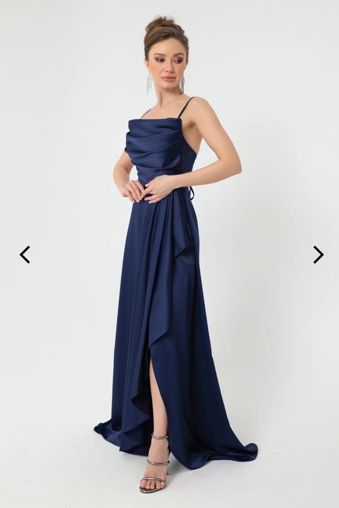 Saten Kumaşlı Lacivert Uzun Abiye Elbise - Görsel 2