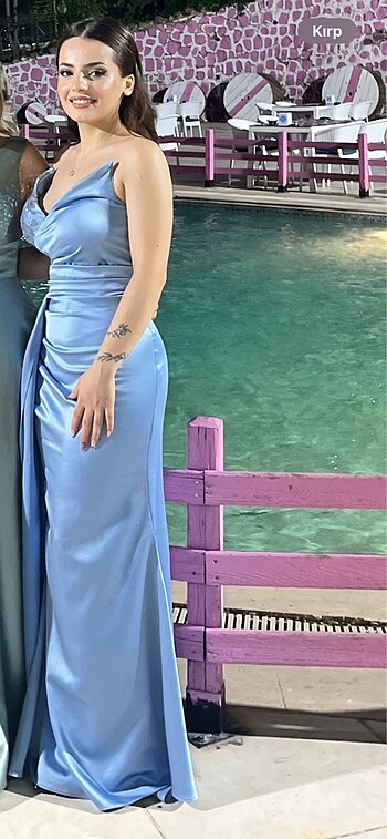 Bebek mavisi balık model saten abiye