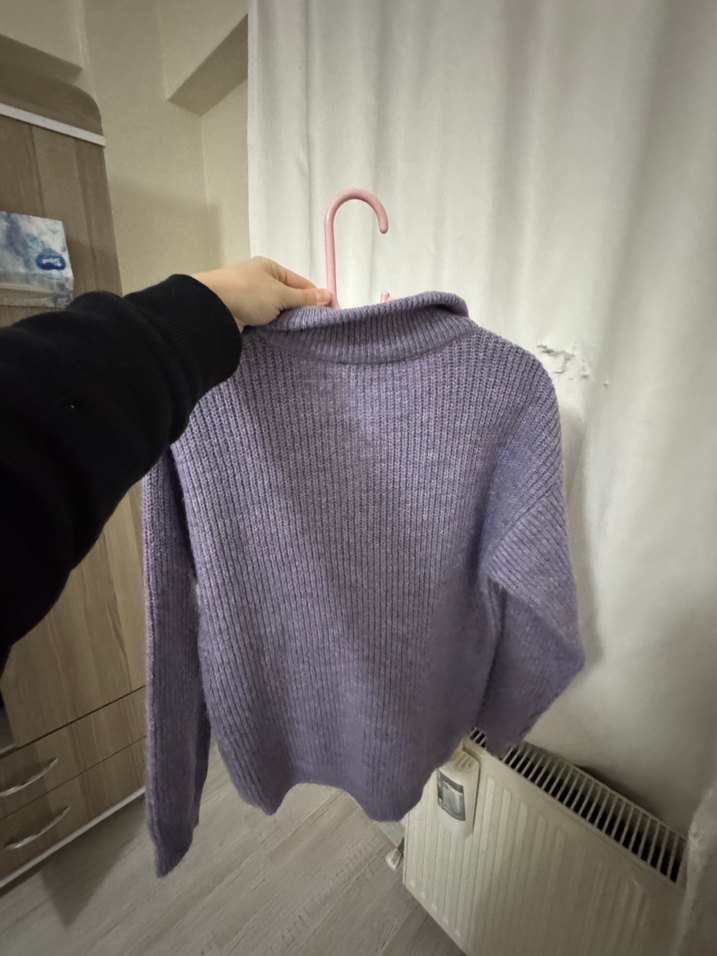 Mor Yarım Fermuarlı Örgü Kadın Kazak - Görsel 2