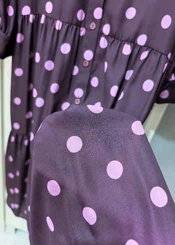 Mor Puantiyeli Uzun Kollu şifon Uzun Elbise - Görsel 6