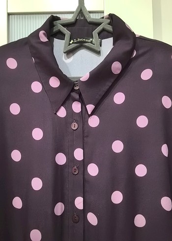 Mor Puantiyeli Uzun Kollu şifon Uzun Elbise - Görsel 2