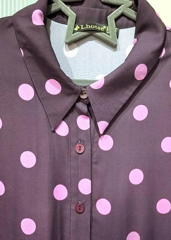 Mor Puantiyeli Uzun Kollu şifon Uzun Elbise - Görsel 5