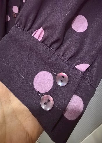 Mor Puantiyeli Uzun Kollu şifon Uzun Elbise - Görsel 3