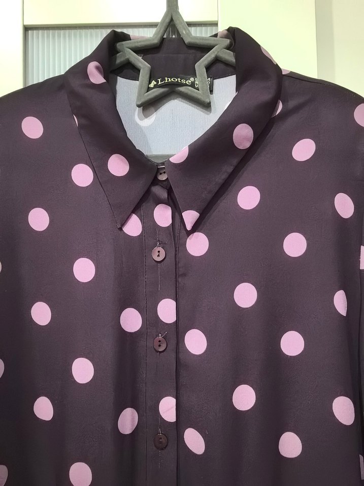 Mor Puantiyeli Uzun Kollu şifon Uzun Elbise - Görsel 2