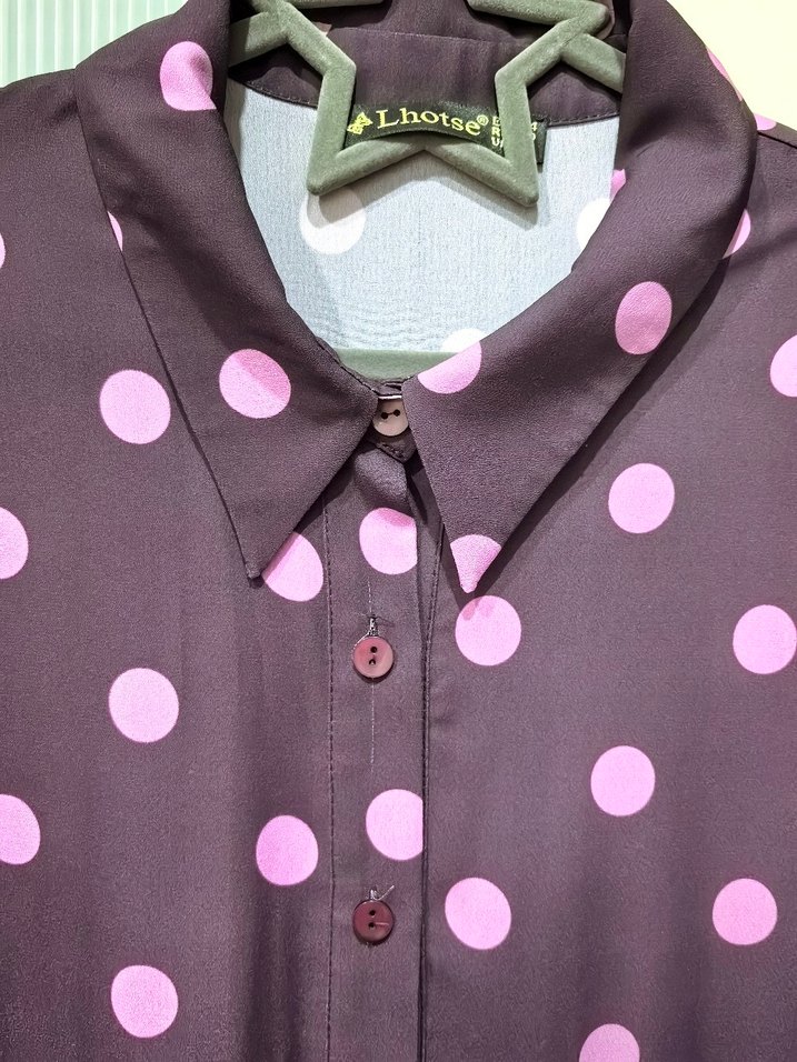 Mor Puantiyeli Uzun Kollu şifon Uzun Elbise - Görsel 5