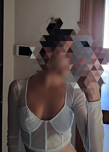 xs Beden Beyaz Cuplu Uzun Kollu Tül Transparan Bluz 