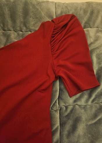 Kırmızı Tek Omuz Drapeli Midi Elbise - Görsel 3