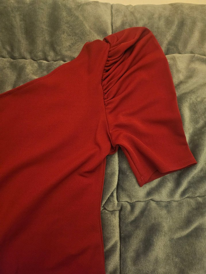 Kırmızı Tek Omuz Drapeli Midi Elbise - Görsel 3