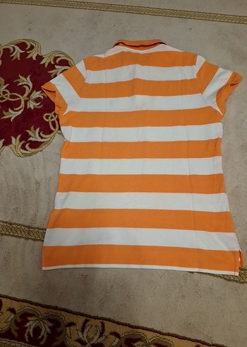 Turuncu Beyaz Çizgili Kadın Polo Tişört - Görsel 2