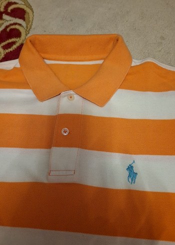 Turuncu Beyaz Çizgili Kadın Polo Tişört - Görsel 3