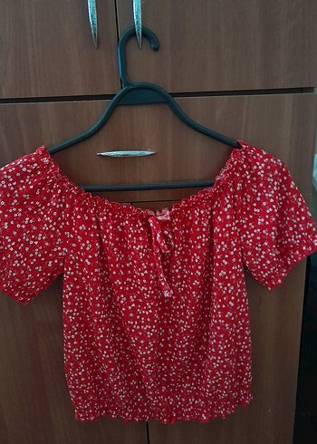 Kısa Kollu Mini Bohem Desenli Kırmızı Bluz