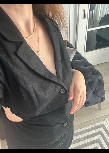 Düğmeli Siyah Keten Mini Elbise - Görsel 3