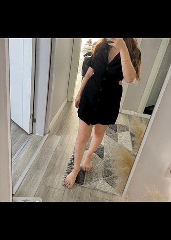 Düğmeli Siyah Keten Mini Elbise - Görsel 2