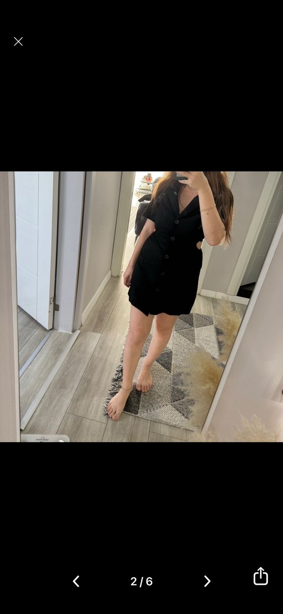 Düğmeli Siyah Keten Mini Elbise - Görsel 2