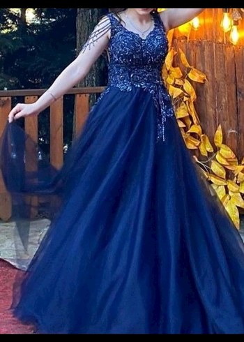 Uzun Lacivert Taşlı Abiye Elbise - Görsel 2