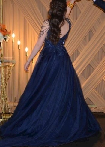 Uzun Lacivert Taşlı Abiye Elbise - Görsel 3