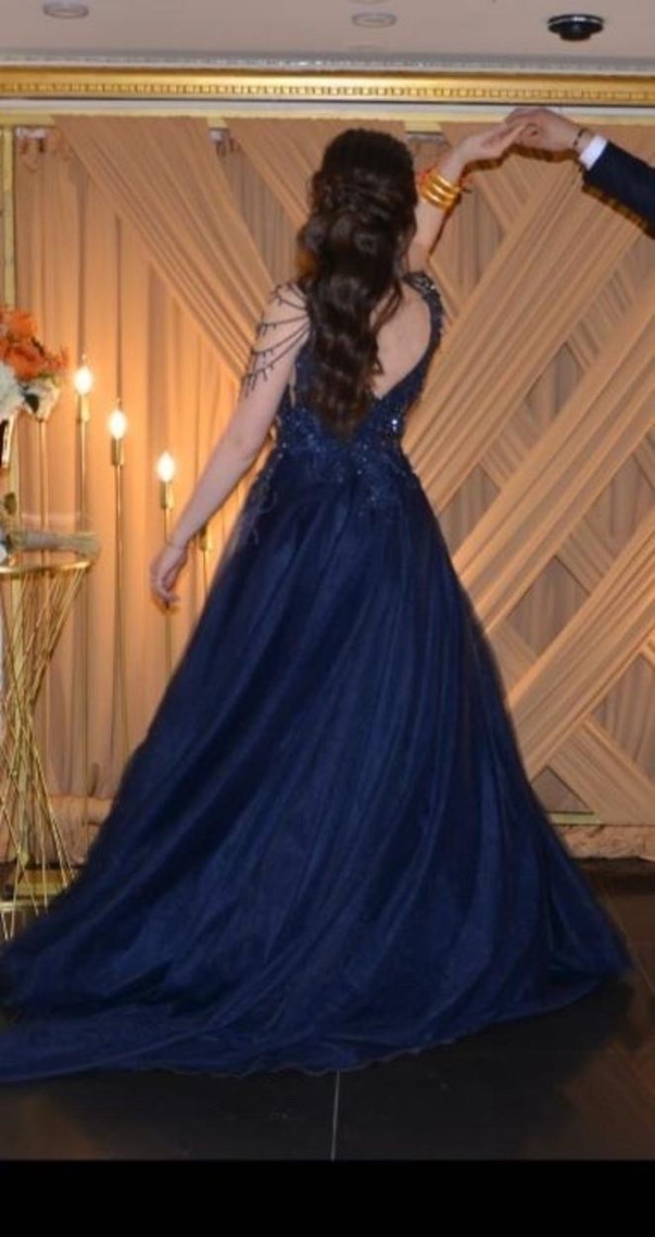 Uzun Lacivert Taşlı Abiye Elbise - Görsel 3