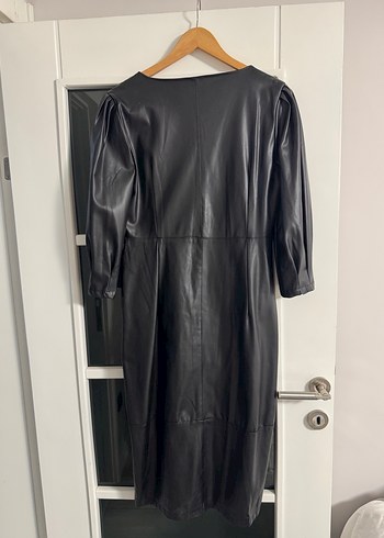 Düğmeli Siyah Midi Deri Kadın elbise - Görsel 2