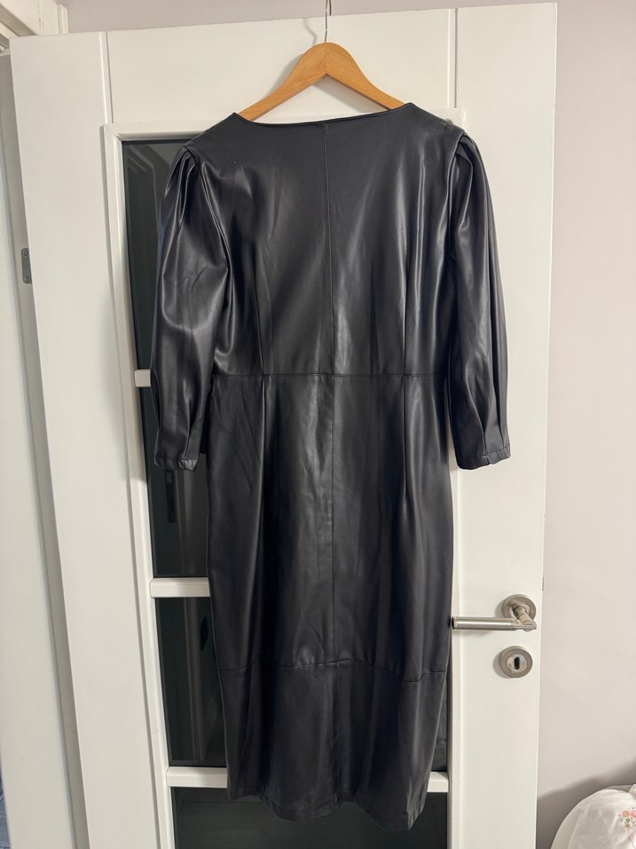 Düğmeli Siyah Midi Deri Kadın elbise - Görsel 2