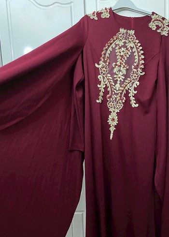 Bordo Nakışlı V Yaka Uzun Kollu Henna Elbise
