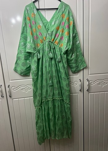 Yeşil Nakışlı Bohem Uzun Elbise - Görsel 6