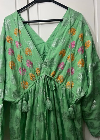 Yeşil Nakışlı Bohem Uzun Elbise - Görsel 5