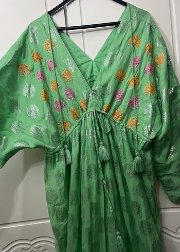 Yeşil Nakışlı Bohem Uzun Elbise - Görsel 7