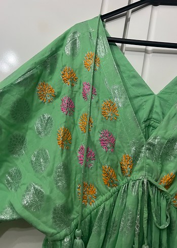 Yeşil Nakışlı Bohem Uzun Elbise - Görsel 4