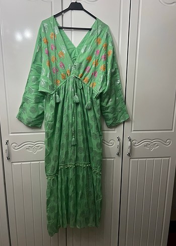 Yeşil Nakışlı Bohem Uzun Elbise - Görsel 2