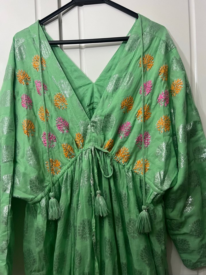 Yeşil Nakışlı Bohem Uzun Elbise - Görsel 5