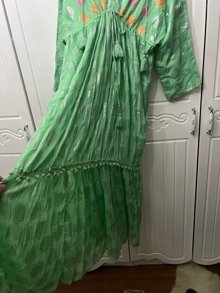 Yeşil Nakışlı Bohem Uzun Elbise - Görsel 3