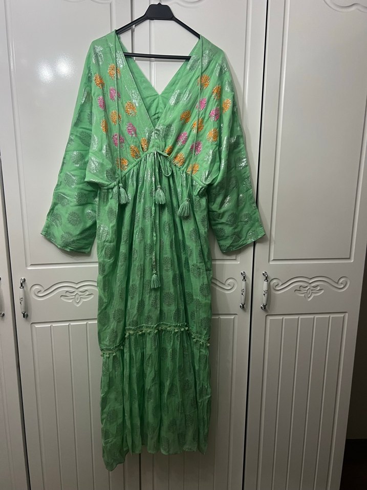 Yeşil Nakışlı Bohem Uzun Elbise - Görsel 2