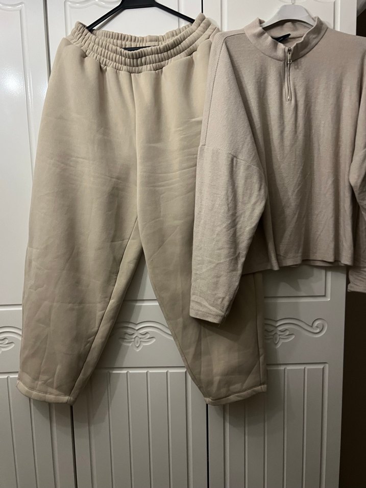 Bej Kadın Loose Fit Keten Eşofman Takımı - Görsel 3