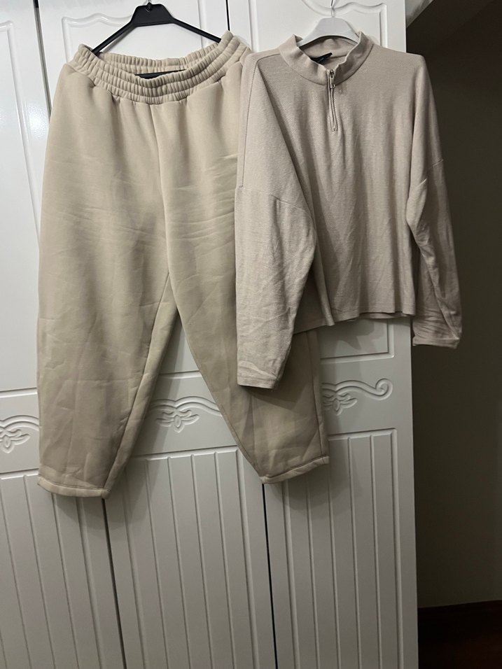 Bej Kadın Loose Fit Keten Eşofman Takımı - Görsel 5