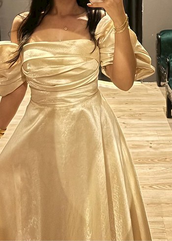 Bej Uzun Drapeli Straplez Kadın Abiye - Görsel 3