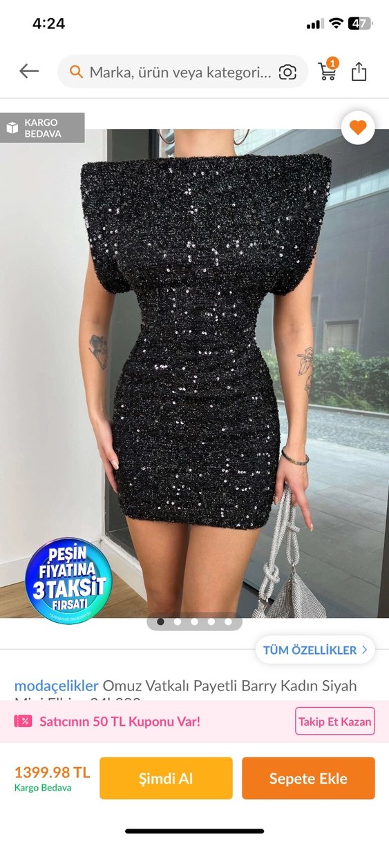 Siyah Parlak Mini Elbise - Görsel 4