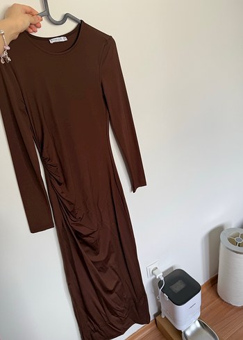 Kahverengi Uzun Kollu Midi Elbise - Görsel 4