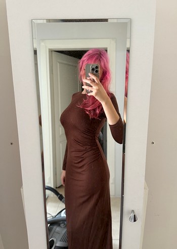 Kahverengi Uzun Kollu Midi Elbise - Görsel 2