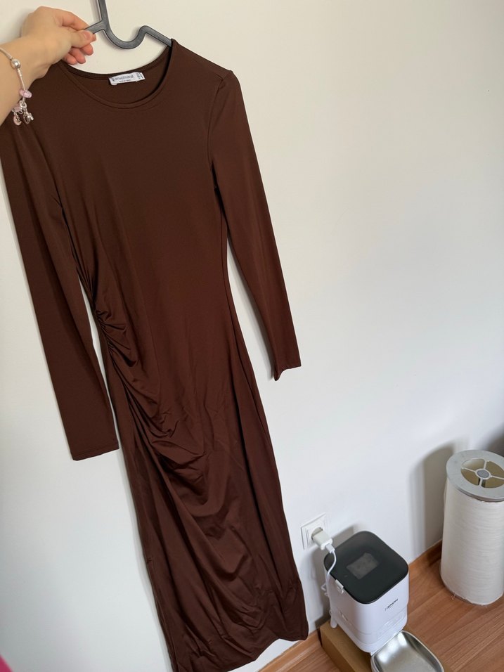 Kahverengi Uzun Kollu Midi Elbise - Görsel 4