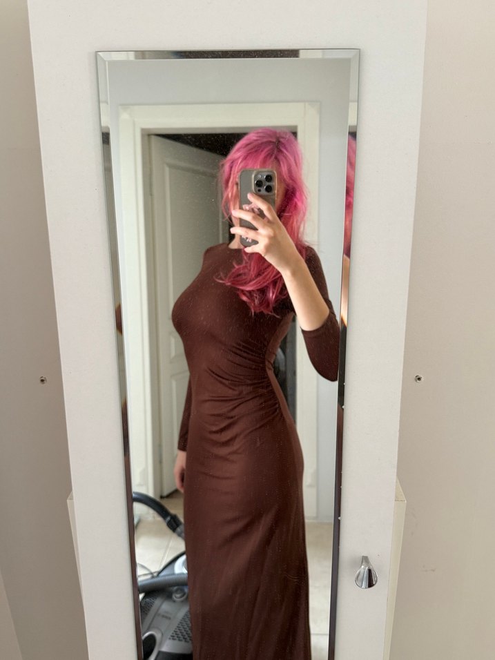 Kahverengi Uzun Kollu Midi Elbise - Görsel 2