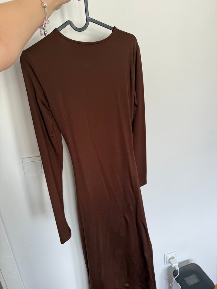 Kahverengi Uzun Kollu Midi Elbise - Görsel 5