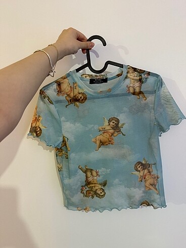 Bershka tül mesh üst melekli crop tshirt üst