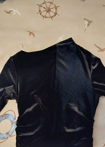 Siyah Uzun Kollu Kadife Drapeli Elbise - Görsel 4