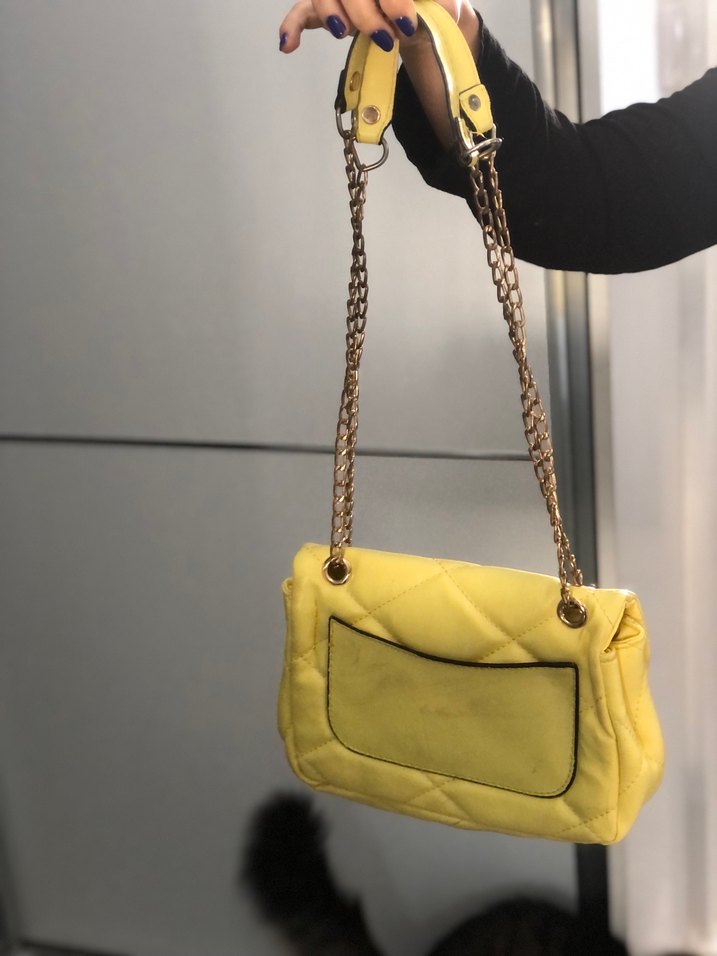 Sarı Deri Kadın Çanta Tokalı Zincirli - Görsel 2