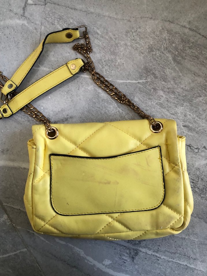 Sarı Deri Kadın Çanta Tokalı Zincirli - Görsel 5