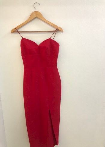 Kırmızı V Yakalı Drapeli Midi Abiye Elbise - Görsel 2