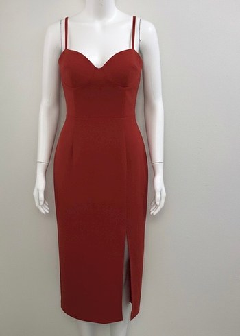 Kırmızı V Yakalı Drapeli Midi Abiye Elbise - Görsel 7