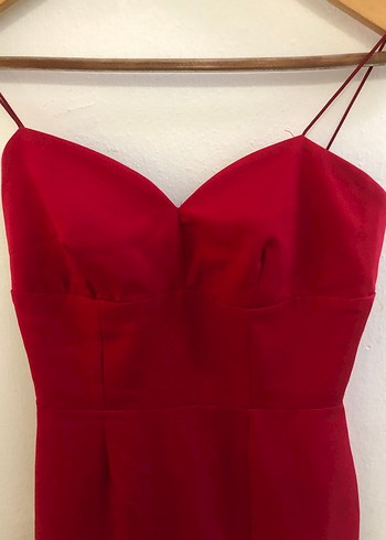Kırmızı V Yakalı Drapeli Midi Abiye Elbise - Görsel 5