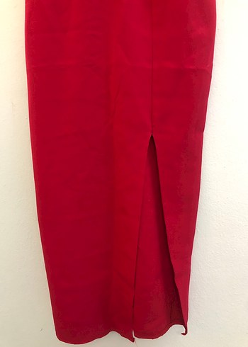 Kırmızı V Yakalı Drapeli Midi Abiye Elbise - Görsel 4