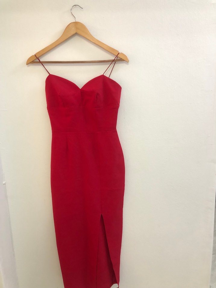 Kırmızı V Yakalı Drapeli Midi Abiye Elbise - Görsel 2